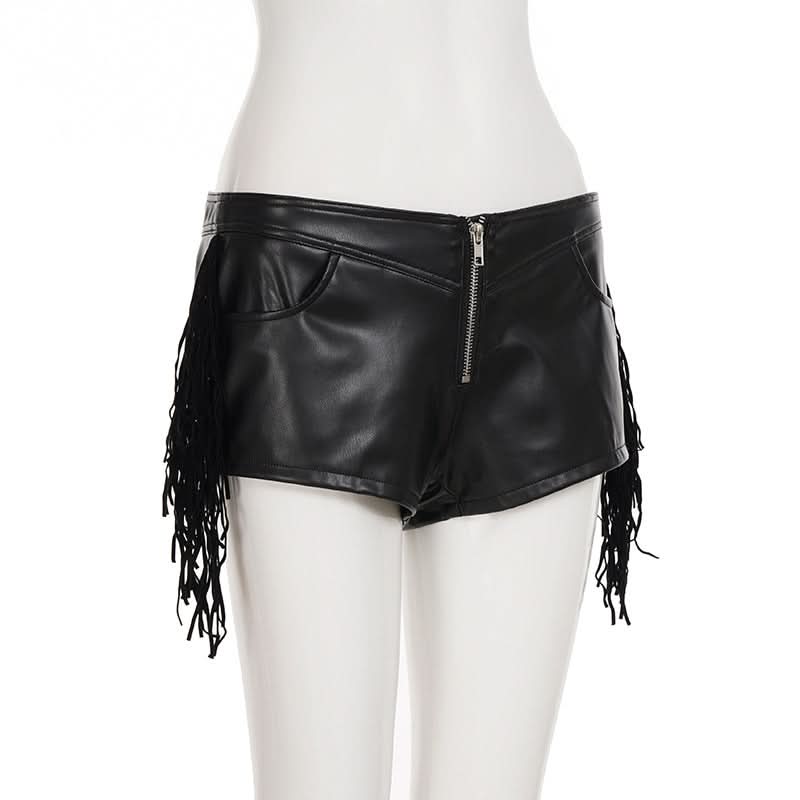 Women's Edgy Faux Leather Fringe Shorts - Zip Front | Fall & Halloween Statement Style