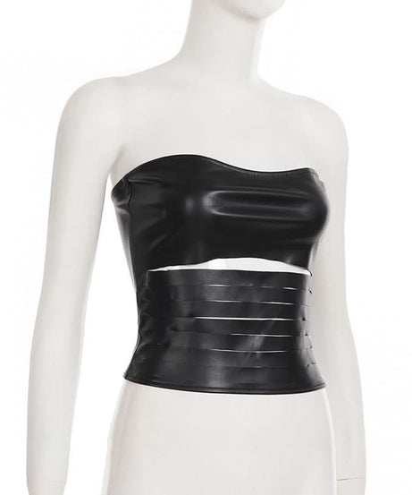 Fierce Faux Leather Strapless Bustier Top with Zipper & Cutout Waist - Fall Nights & Halloween Ready