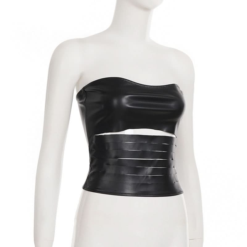 Fierce Faux Leather Strapless Bustier Top with Zipper & Cutout Waist - Fall Nights & Halloween Ready