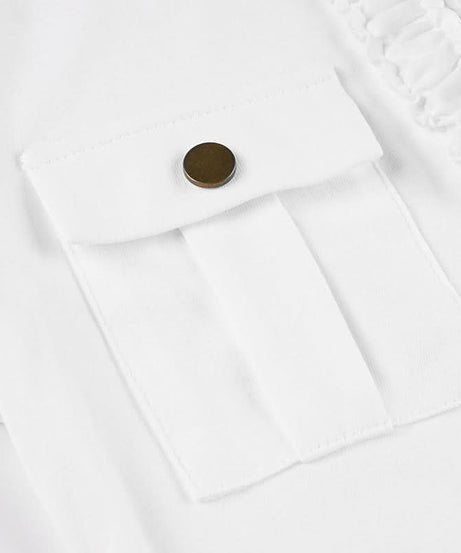 Elevated White Ruffle Collar Polo Blouse | Short Sleeve Top with Pockets - Chic & Transitional for Fall