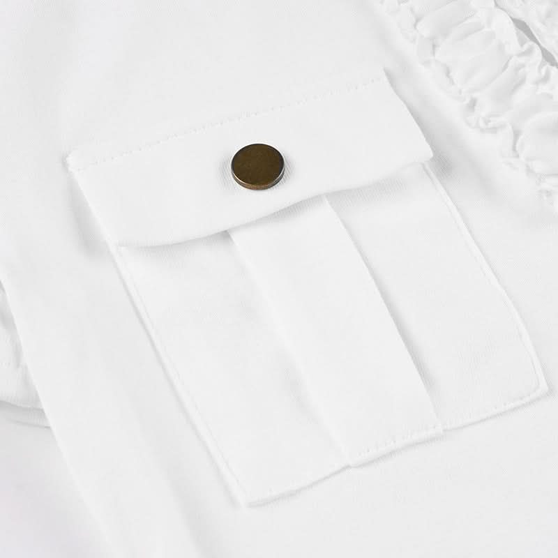 Elevated White Ruffle Collar Polo Blouse | Short Sleeve Top with Pockets - Chic & Transitional for Fall