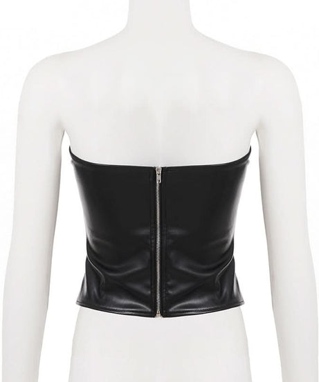Fierce Faux Leather Strapless Bustier Top with Zipper & Cutout Waist - Fall Nights & Halloween Ready