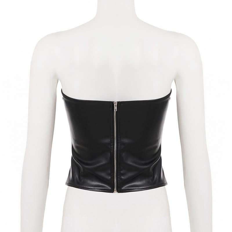 Fierce Faux Leather Strapless Bustier Top with Zipper & Cutout Waist - Fall Nights & Halloween Ready