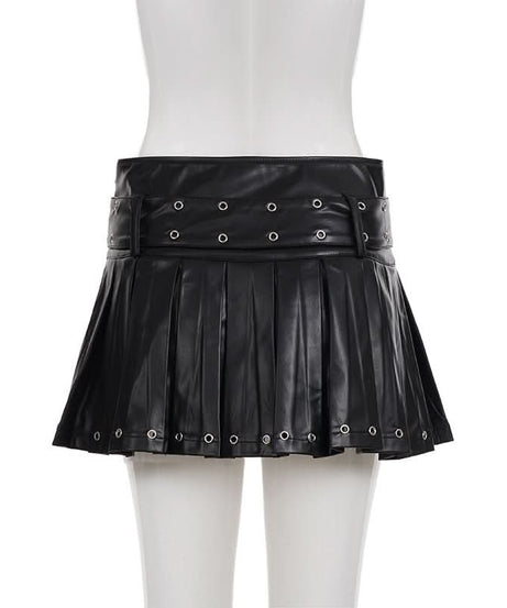 Edgy Chic Faux Leather Pleated Mini Skirt with Grommet Belt - Fall & Halloween Ready