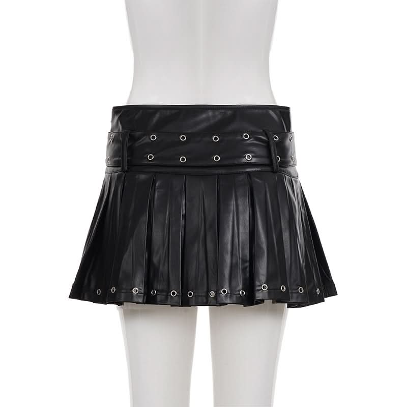 Edgy Chic Faux Leather Pleated Mini Skirt with Grommet Belt - Fall & Halloween Ready