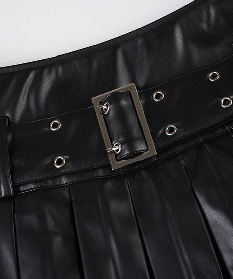 Edgy Chic Faux Leather Pleated Mini Skirt with Grommet Belt - Fall & Halloween Ready