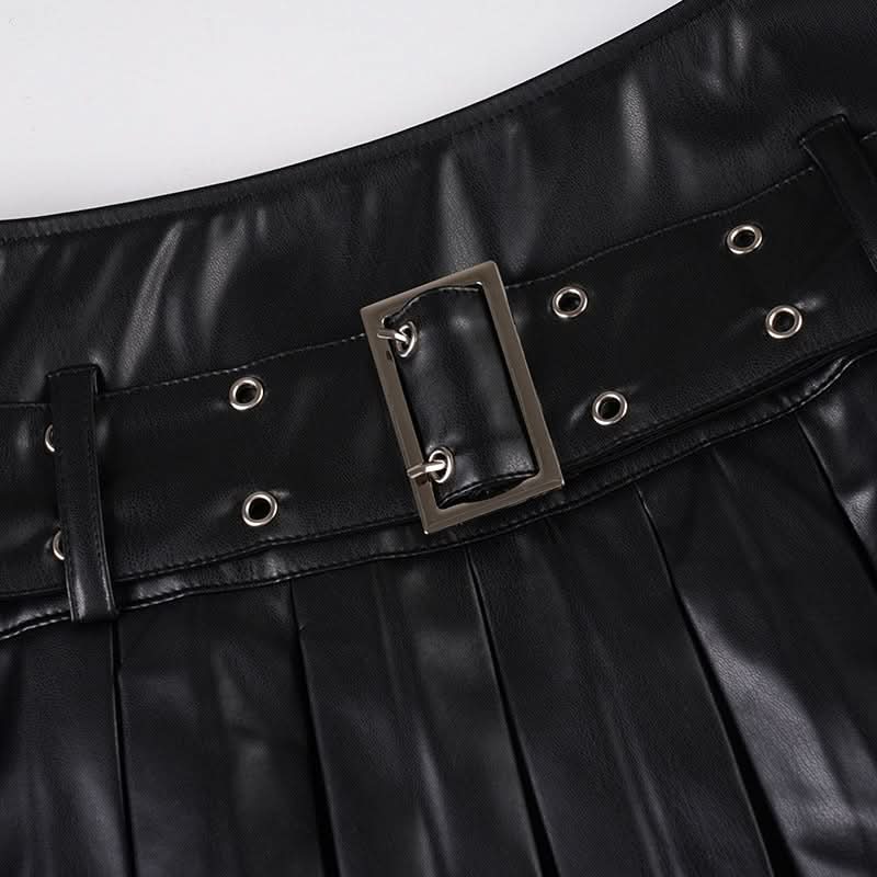 Edgy Chic Faux Leather Pleated Mini Skirt with Grommet Belt - Fall & Halloween Ready