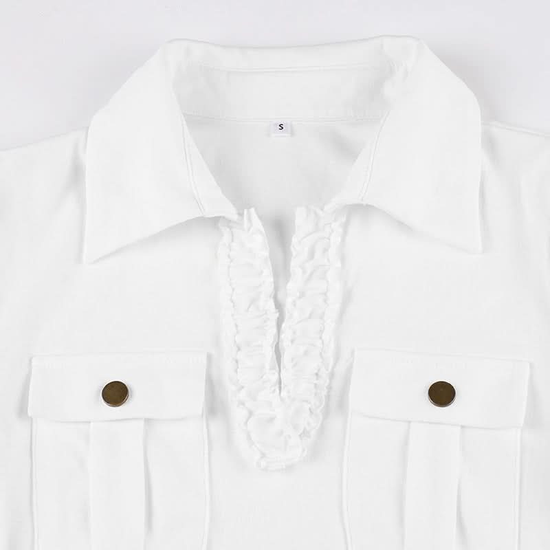 Elevated White Ruffle Collar Polo Blouse | Short Sleeve Top with Pockets - Chic & Transitional for Fall