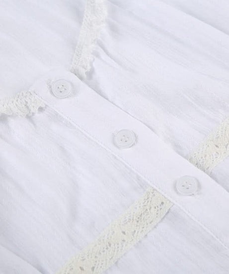 Romantic Lace-Trim Puff Sleeve Blouse - Chic Button Front Top for Fall Layering & Timeless Style