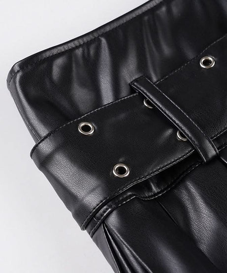Edgy Chic Faux Leather Pleated Mini Skirt with Grommet Belt - Fall & Halloween Ready