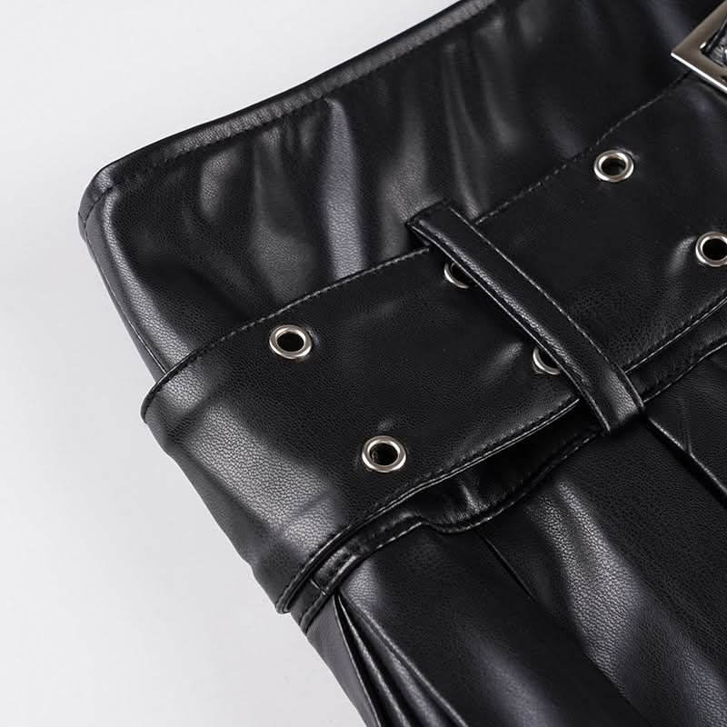Edgy Chic Faux Leather Pleated Mini Skirt with Grommet Belt - Fall & Halloween Ready