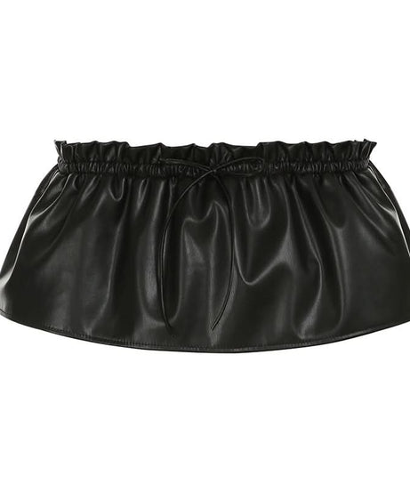 Edgy Chic Black Faux Leather Ruched Mini Skirt | Drawstring Ruffle-Hem for Fall