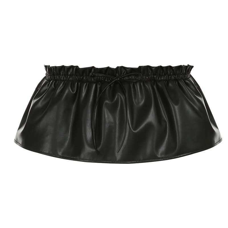 Edgy Chic Black Faux Leather Ruched Mini Skirt | Drawstring Ruffle-Hem for Fall