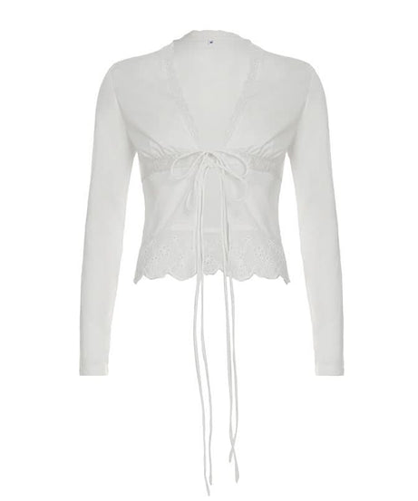 Romantic Eyelet Lace Self-Tie Top – Chic V-Neck Long Sleeve for Fall