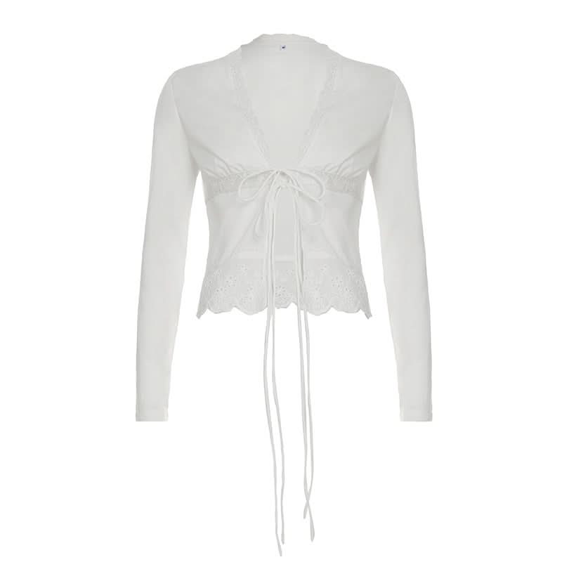Romantic Eyelet Lace Self-Tie Top – Chic V-Neck Long Sleeve for Fall