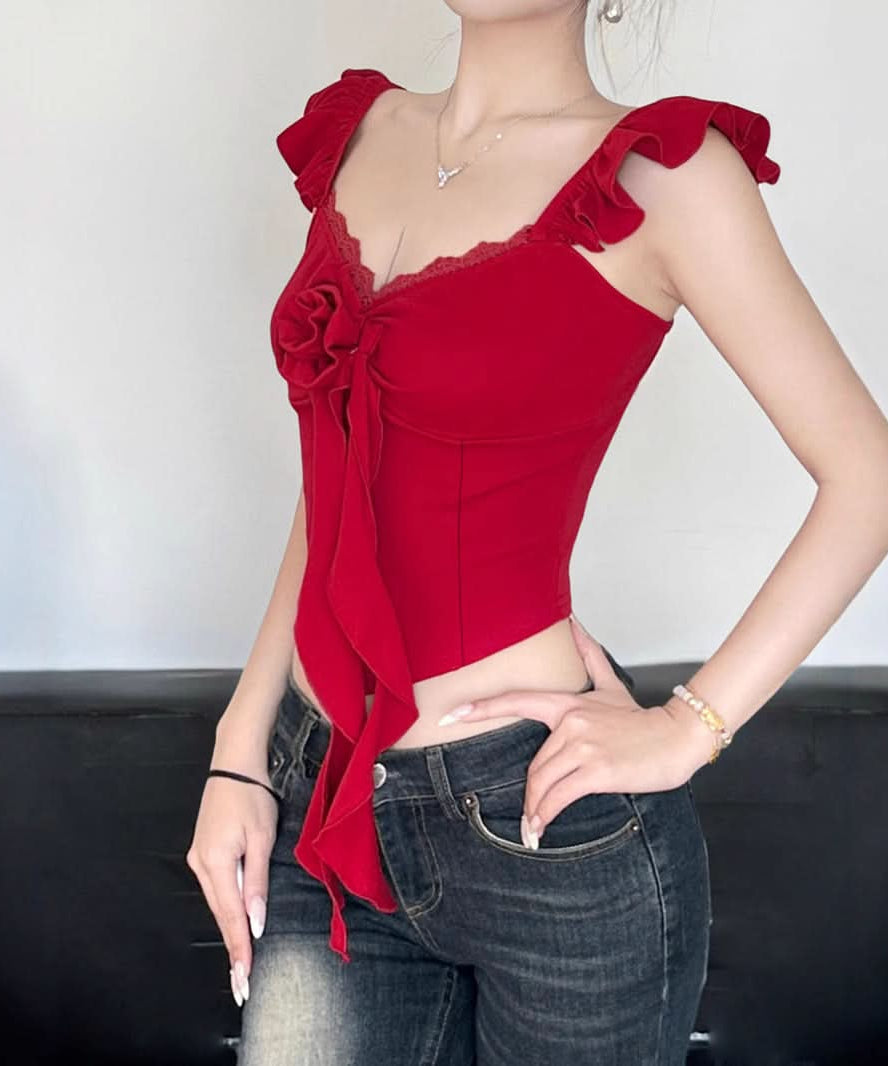 Fall Romance: Red Ruffle Crop Top with Lace V-Neck & 3D Floral Applique