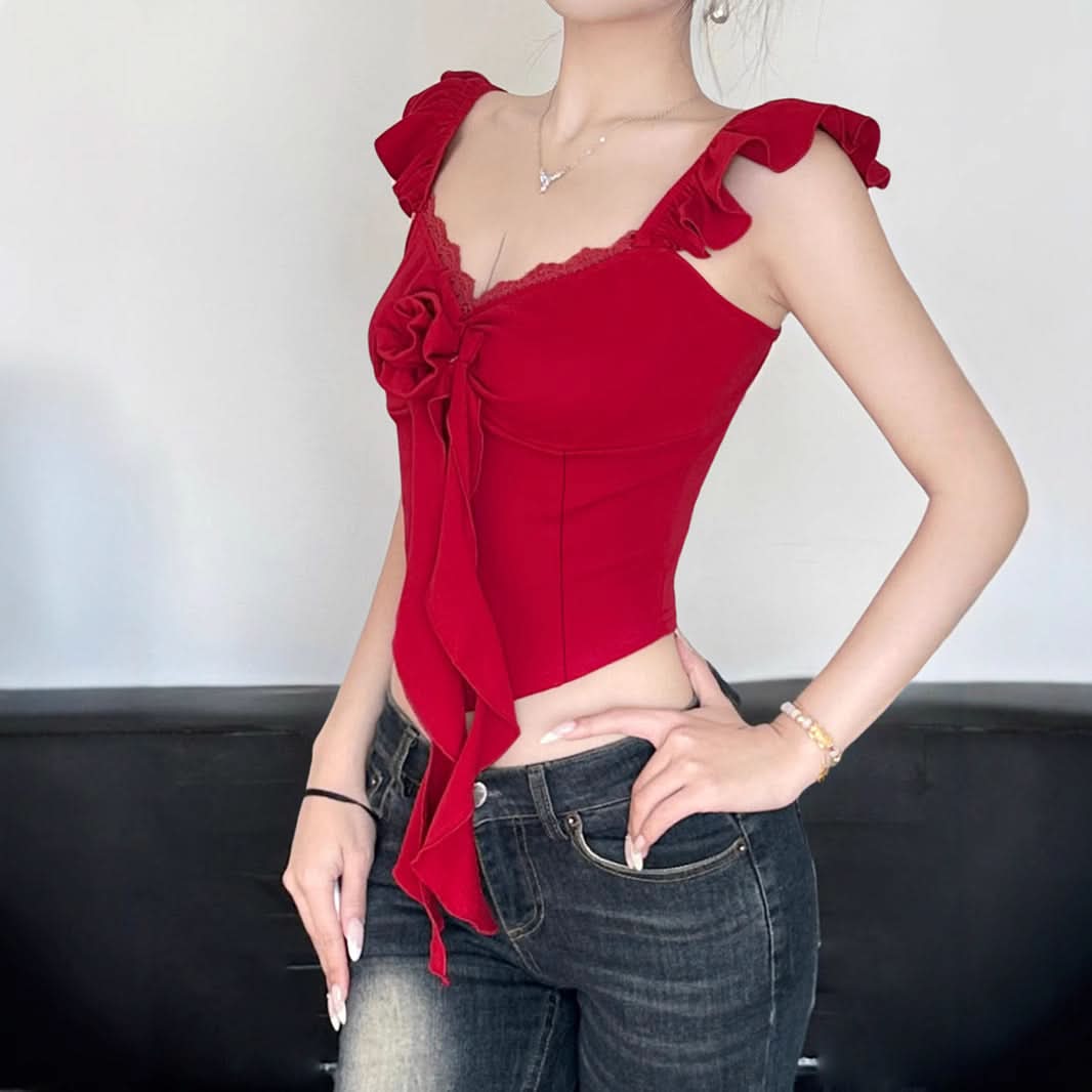 Fall Romance: Red Ruffle Crop Top with Lace V-Neck & 3D Floral Applique
