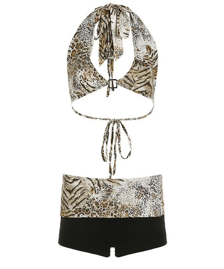 Wild Instincts Halter & Boy Shorts Set - Mixed Animal Print Swimwear for Your Fall Escape