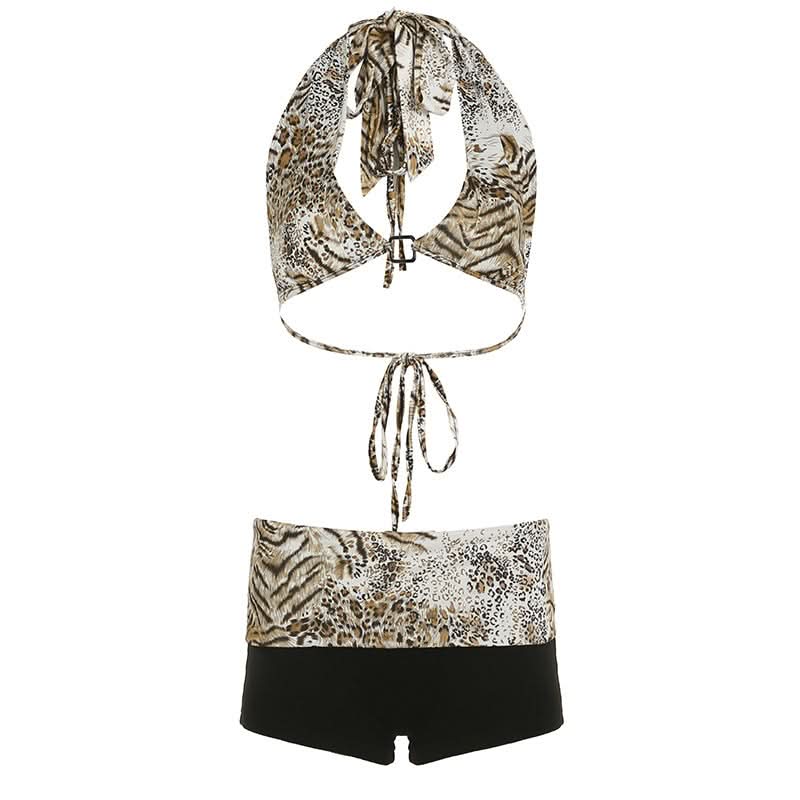 Wild Instincts Halter & Boy Shorts Set - Mixed Animal Print Swimwear for Your Fall Escape