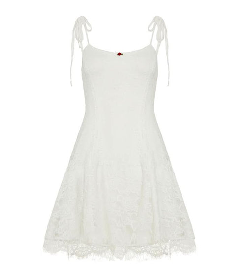 Charming White Lace Mini Dress: Tie Straps, Romantic Rose Detail & Coquette Core Style