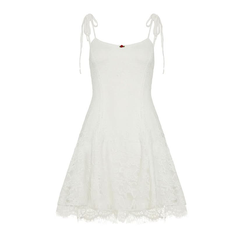 Charming White Lace Mini Dress: Tie Straps, Romantic Rose Detail & Coquette Core Style