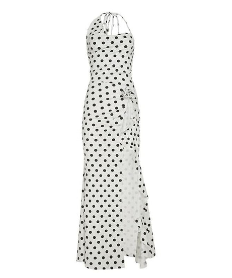 Effortless Chic: Polka Dot Halter Maxi Dress with Ruffle Slit – Perfect for Fall Getaways & Special Occasions