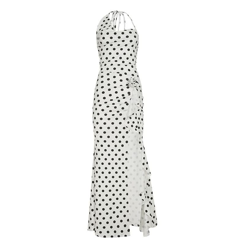 Effortless Chic: Polka Dot Halter Maxi Dress with Ruffle Slit – Perfect for Fall Getaways & Special Occasions
