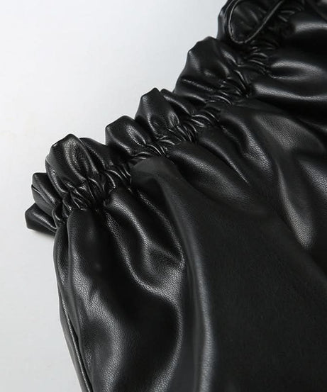 Edgy Chic Black Faux Leather Ruched Mini Skirt | Drawstring Ruffle-Hem for Fall