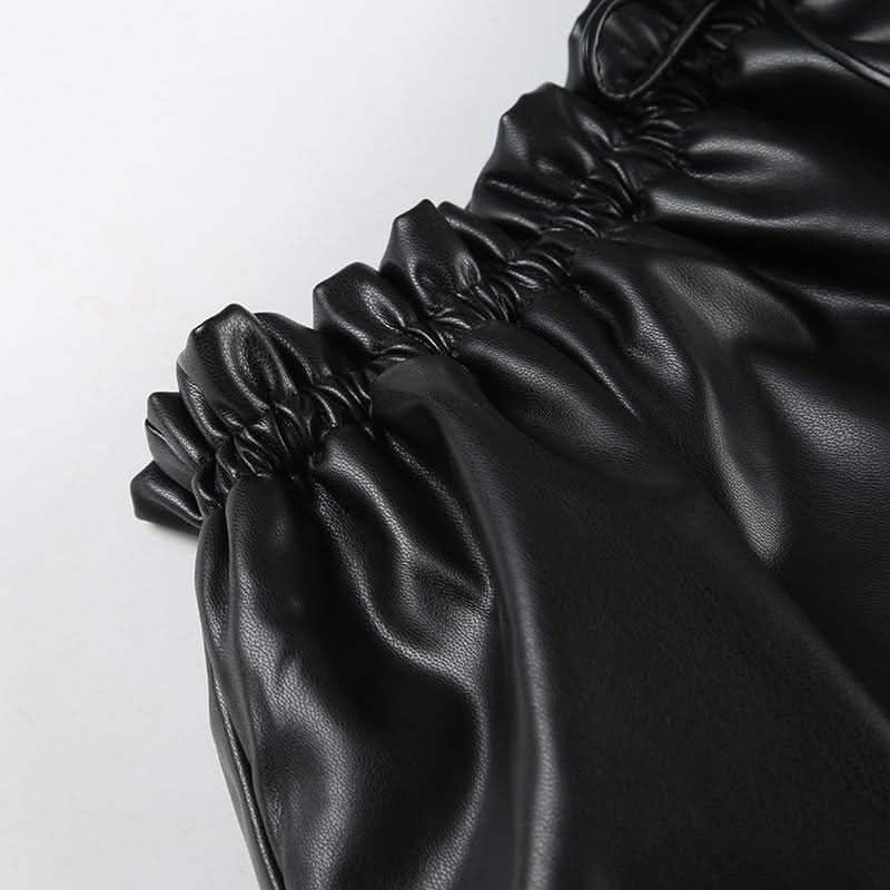 Edgy Chic Black Faux Leather Ruched Mini Skirt | Drawstring Ruffle-Hem for Fall