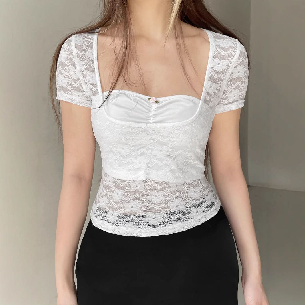 Delicate Lace Square Neck Top | Sheer Short Sleeve Blouse - Fall Layering & Date Night Chic