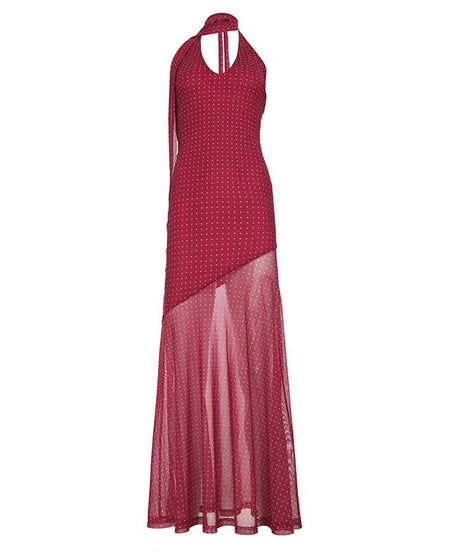 Effortless Chic: Polka Dot Halter Maxi Dress with Ruffle Slit – Perfect for Fall Getaways & Special Occasions