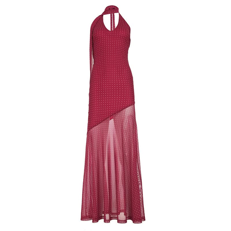 Effortless Chic: Polka Dot Halter Maxi Dress with Ruffle Slit – Perfect for Fall Getaways & Special Occasions
