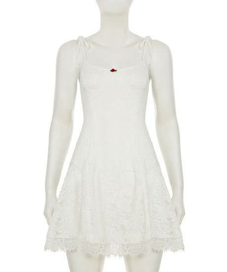 Charming White Lace Mini Dress: Tie Straps, Romantic Rose Detail & Coquette Core Style