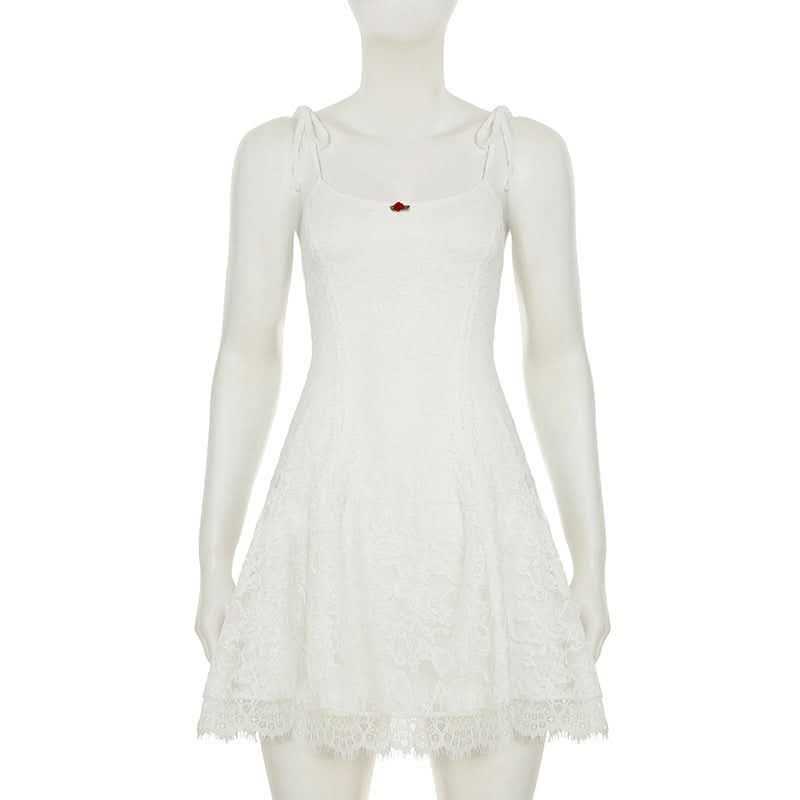 Charming White Lace Mini Dress: Tie Straps, Romantic Rose Detail & Coquette Core Style