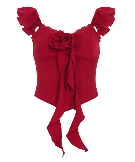 Fall Romance: Red Ruffle Crop Top with Lace V-Neck & 3D Floral Applique