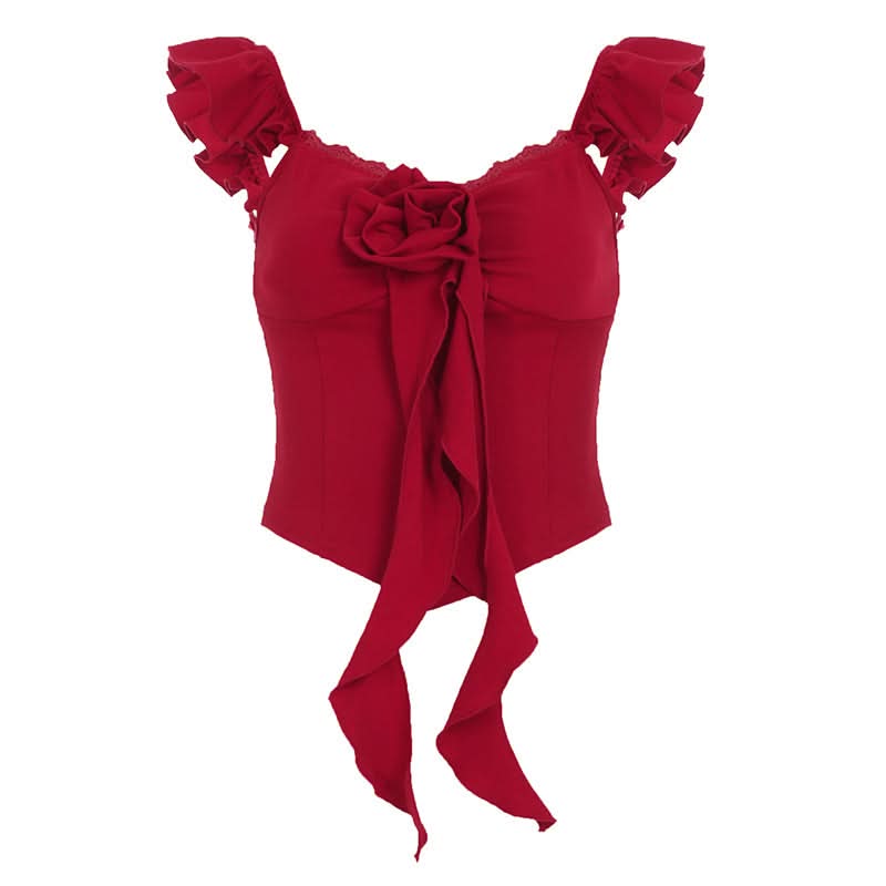 Fall Romance: Red Ruffle Crop Top with Lace V-Neck & 3D Floral Applique