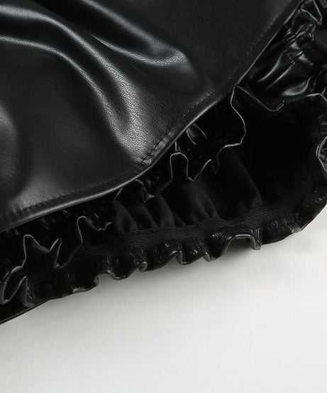 Edgy Chic Black Faux Leather Ruched Mini Skirt | Drawstring Ruffle-Hem for Fall