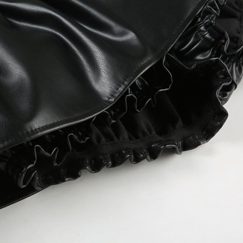 Edgy Chic Black Faux Leather Ruched Mini Skirt | Drawstring Ruffle-Hem for Fall