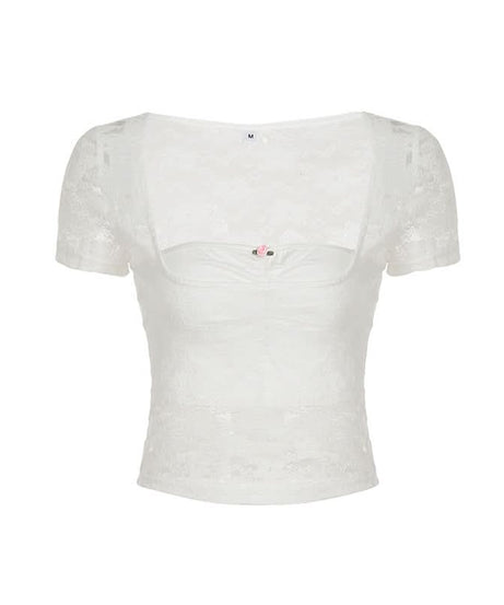 Delicate Lace Square Neck Top | Sheer Short Sleeve Blouse - Fall Layering & Date Night Chic