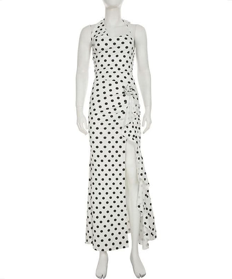 Effortless Chic: Polka Dot Halter Maxi Dress with Ruffle Slit – Perfect for Fall Getaways & Special Occasions