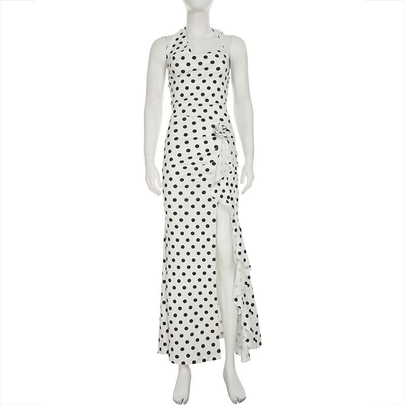 Effortless Chic: Polka Dot Halter Maxi Dress with Ruffle Slit – Perfect for Fall Getaways & Special Occasions