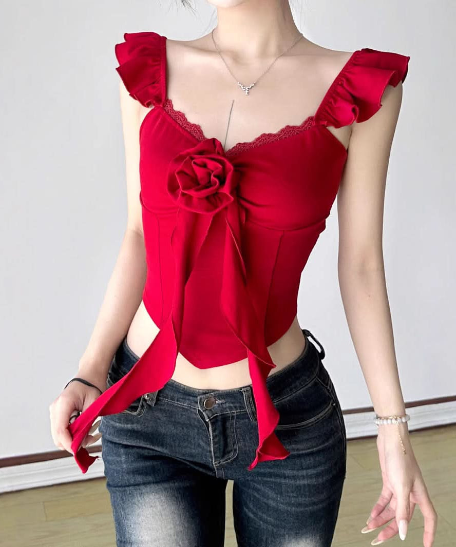 Fall Romance: Red Ruffle Crop Top with Lace V-Neck & 3D Floral Applique