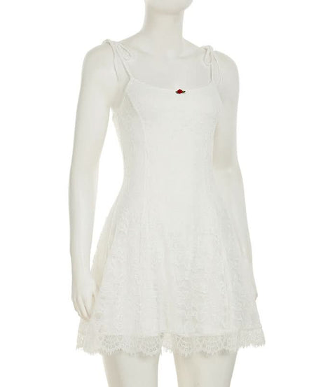 Charming White Lace Mini Dress: Tie Straps, Romantic Rose Detail & Coquette Core Style