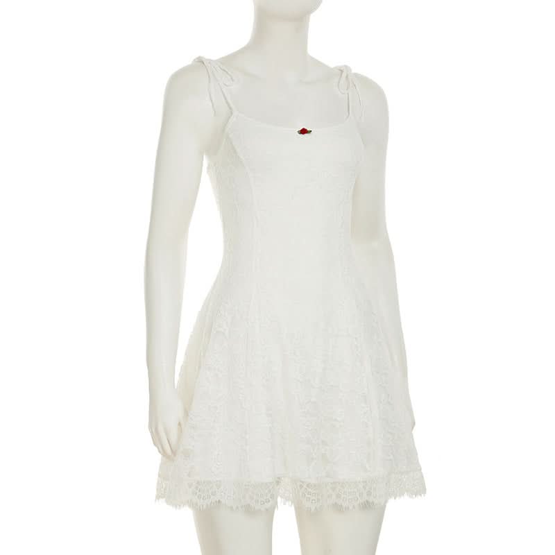 Charming White Lace Mini Dress: Tie Straps, Romantic Rose Detail & Coquette Core Style