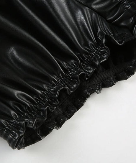Edgy Chic Black Faux Leather Ruched Mini Skirt | Drawstring Ruffle-Hem for Fall