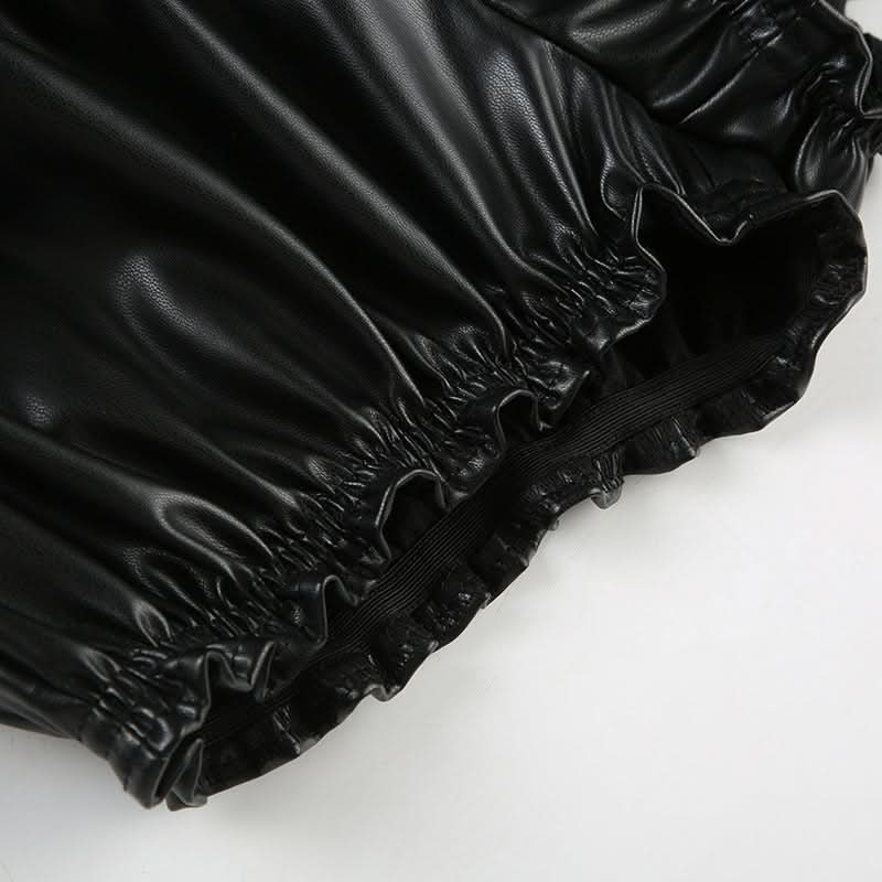 Edgy Chic Black Faux Leather Ruched Mini Skirt | Drawstring Ruffle-Hem for Fall