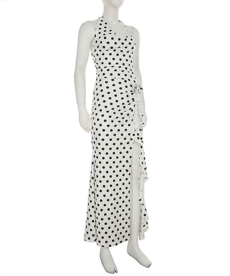 Effortless Chic: Polka Dot Halter Maxi Dress with Ruffle Slit – Perfect for Fall Getaways & Special Occasions