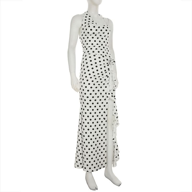 Effortless Chic: Polka Dot Halter Maxi Dress with Ruffle Slit – Perfect for Fall Getaways & Special Occasions