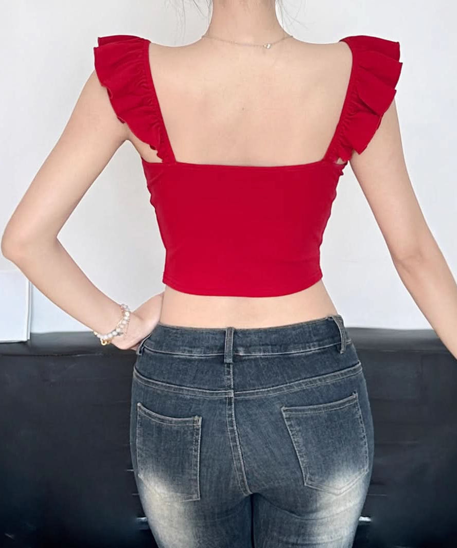Fall Romance: Red Ruffle Crop Top with Lace V-Neck & 3D Floral Applique