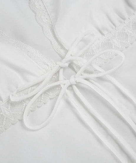 Romantic Eyelet Lace Self-Tie Top – Chic V-Neck Long Sleeve for Fall